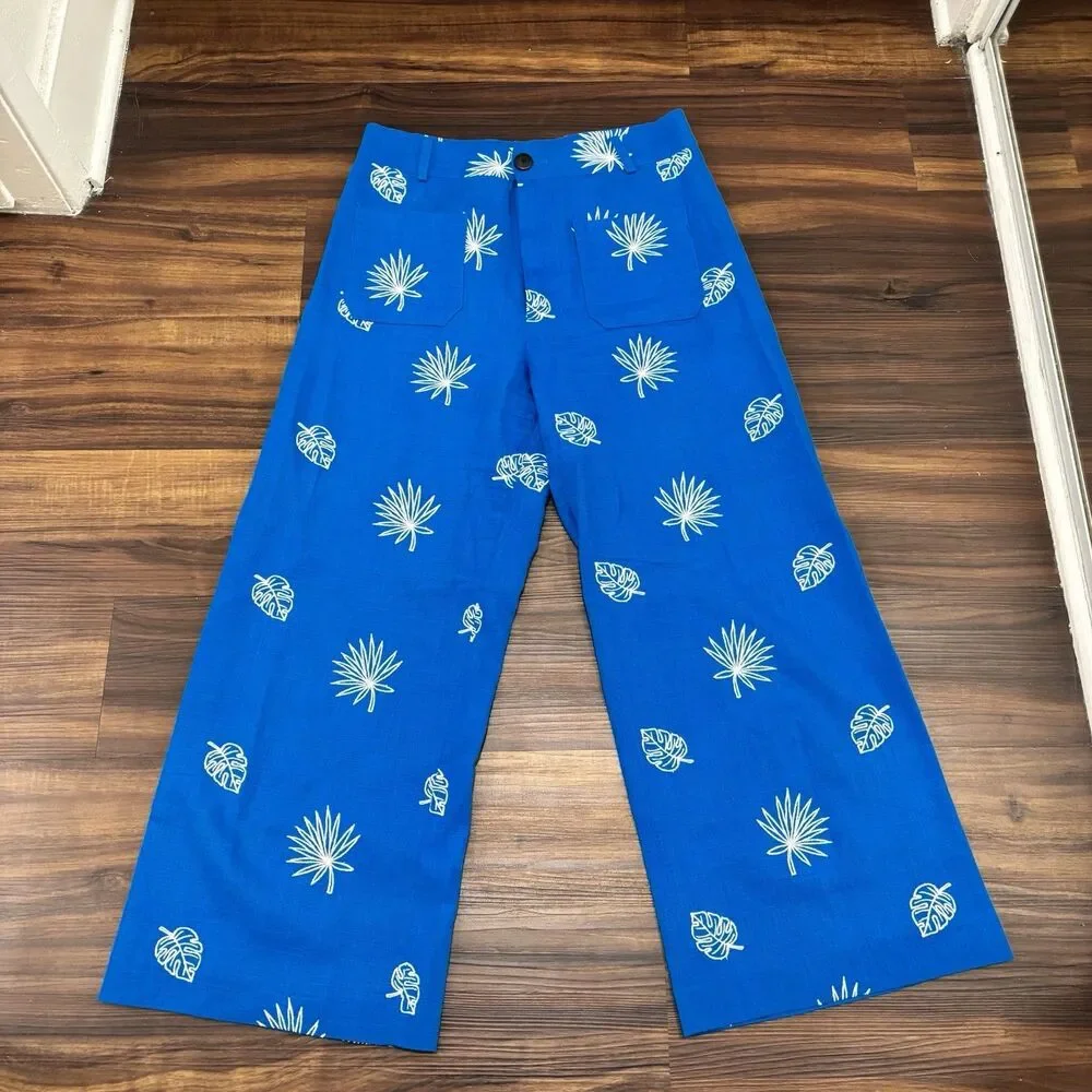 Zara Sz Small Blue Wide Leg Palm Leaf Embroidered Culottes Pants Trousers